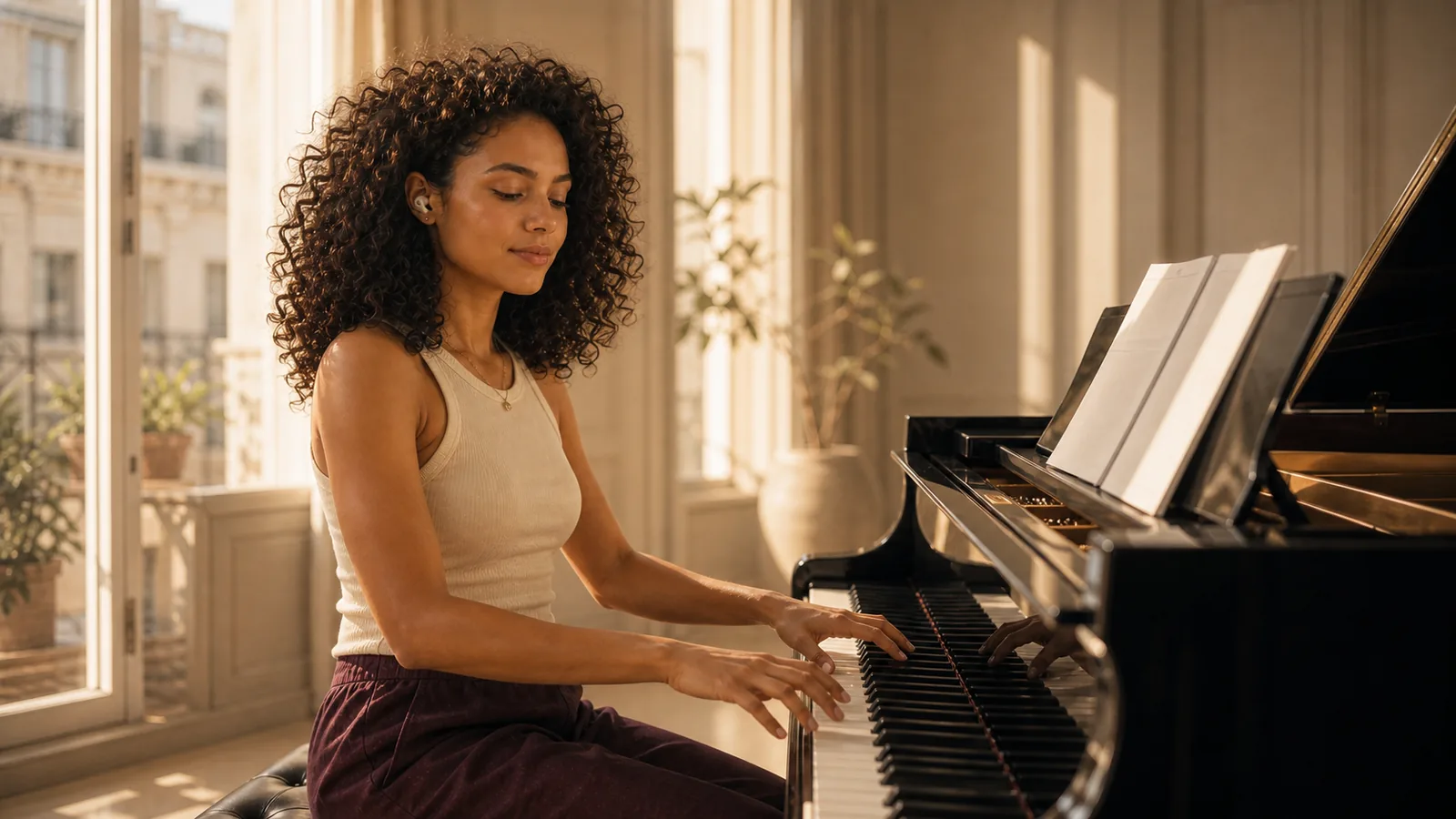 Mulher praticando piano em uma sala com luz dourada